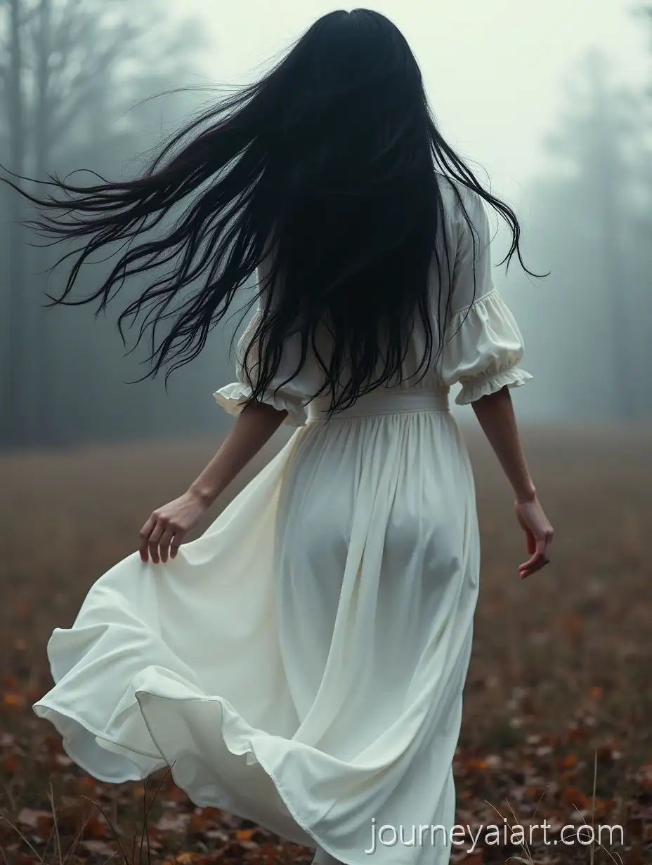 Enchanting-Woman-in-White-Dress-Dancing-in-Autumn-Landscape-with-Ravenlike-Hair