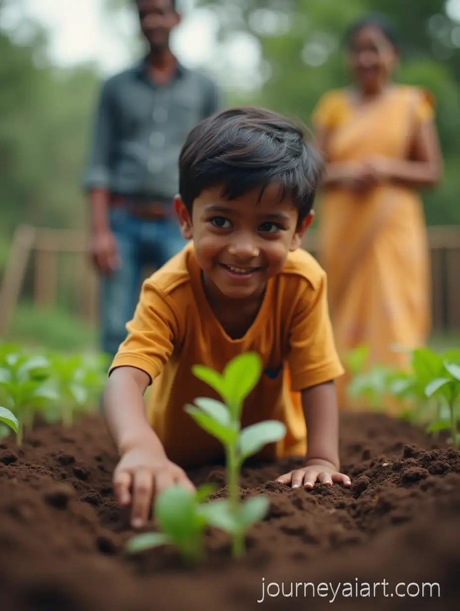 YoungIndian-boy-with-seedling-Indian-Boy-Discovering-a-Seedling-in-a-Home-Garden-with-Parents-Smiling-Proudly