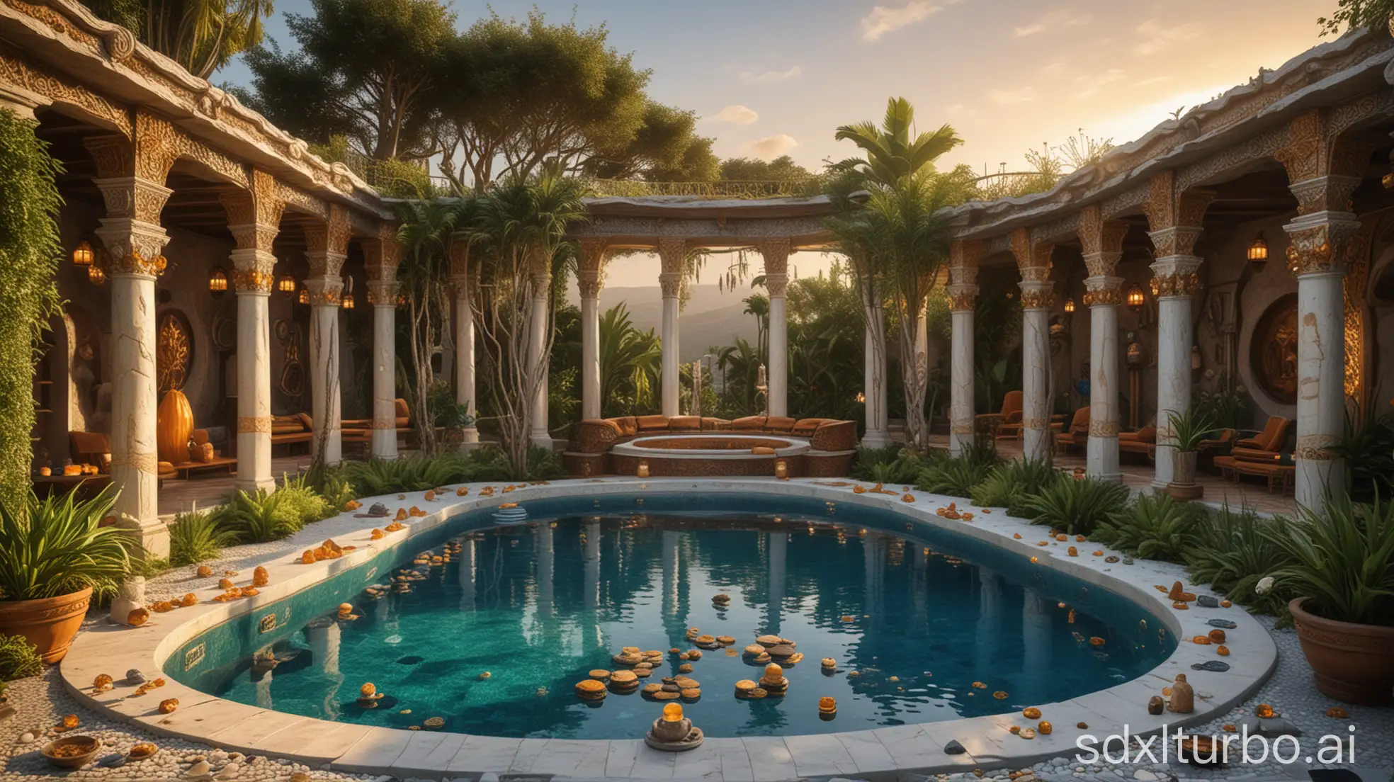 a vast luxury atlantide outdoor spa in alien style, with adorned stone and amber sculptures, many magical signs on walls, crystals, green plants, cups, blue and white pool mosaic, sunset atmosphere, highly detailed