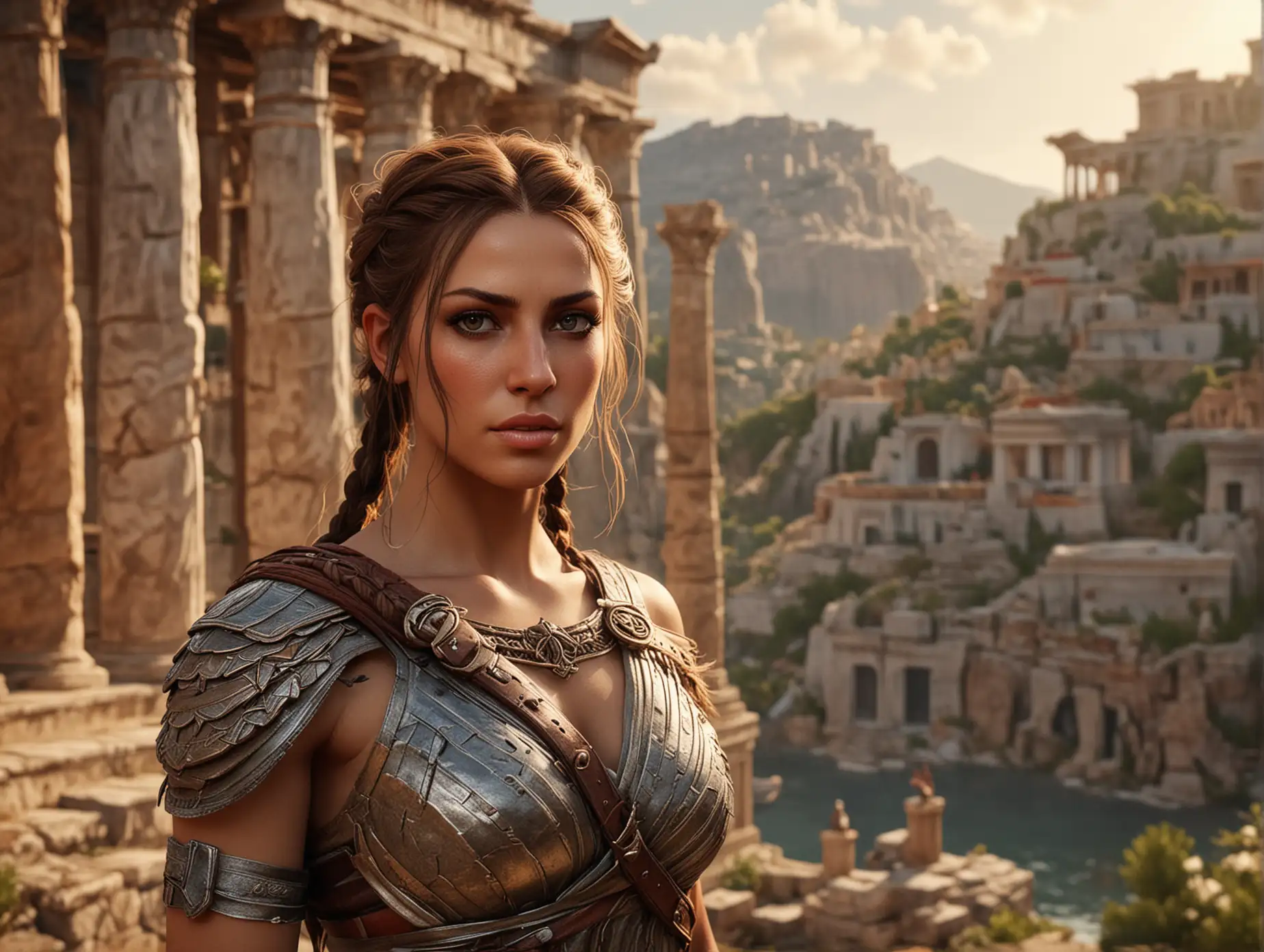 Kasszandra, the main character of Assassin's Creed Odyssey, inspired by Madison Ivy and Nicolette Shea, with a feminine, strong build. Kasszandra faces the camera with her head and body looking toward it. Her body is proportionate, featuring striking forms, toned muscles, and prominent chest that can be seen and protrudes from her armor, which subtly accentuates her chest and hips. She has a determined but elegant, feminine appearance and confident posture, creating perfect balance. Long brown hair in braids, gleaming in the light. The background features an epic Greek landscape with ornate buildings of an ancient Greek city, depicted with realistic lighting and textures. A cinematic and artistic scene.