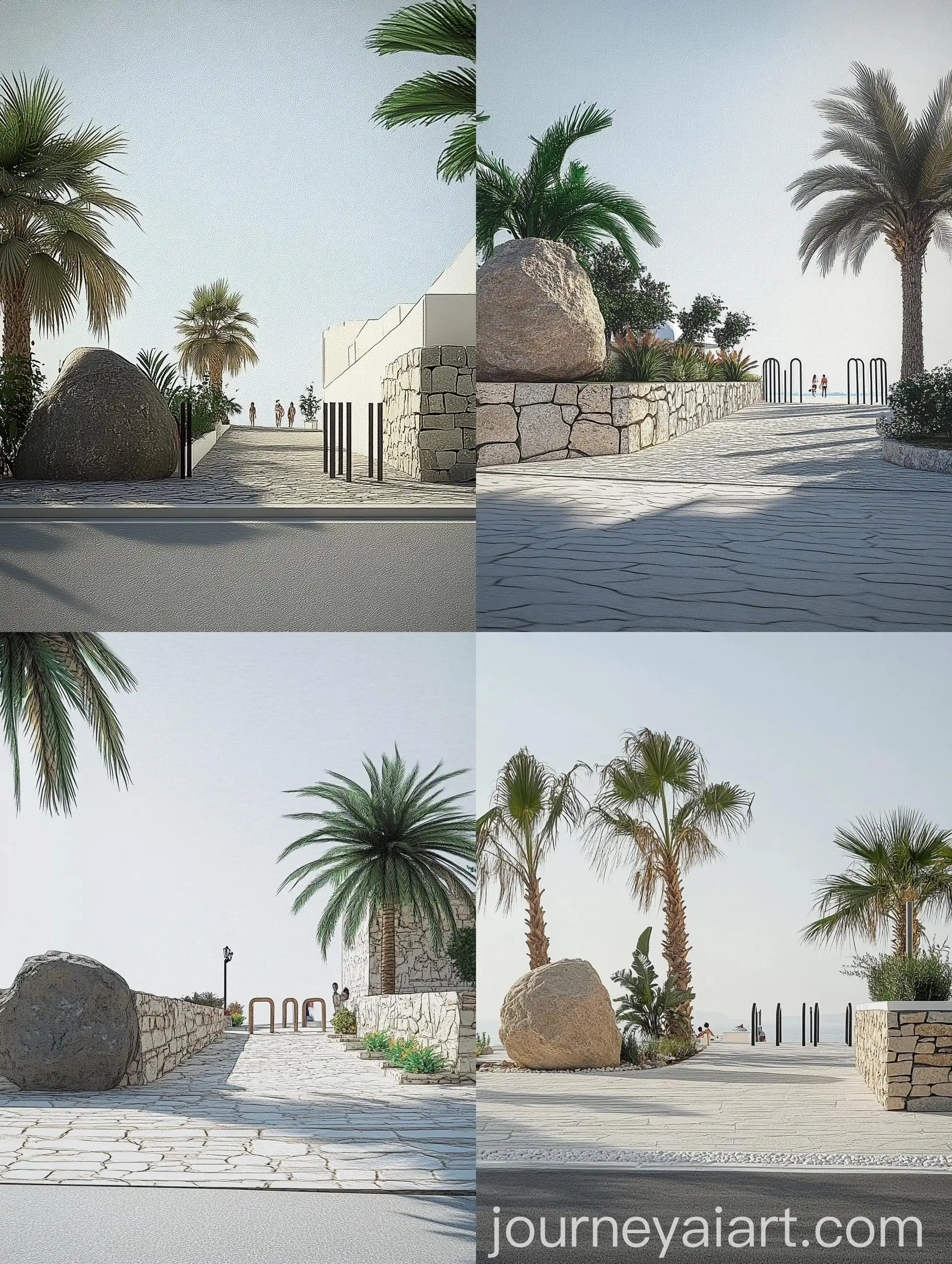 Stone-Wall-and-Garden-with-Palm-Trees-at-Hotel-Entrance-Mykonos-Greece