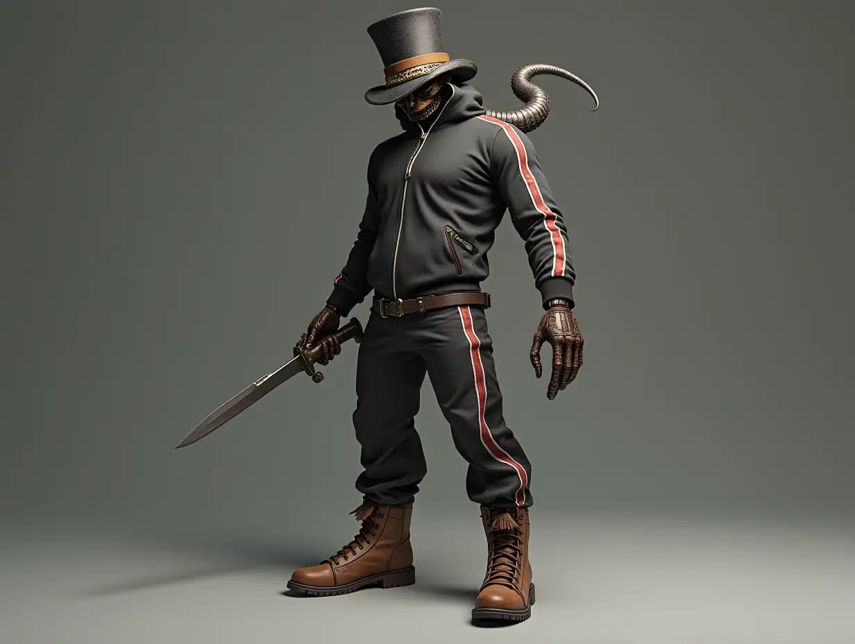 Create a high-resolution, realistic image of a robot with a skeletal body, brown leather boots, and a head wearing a fashionable tracksuit, holding a knife in one hand and a top hat and horn in the other in 4K resolution