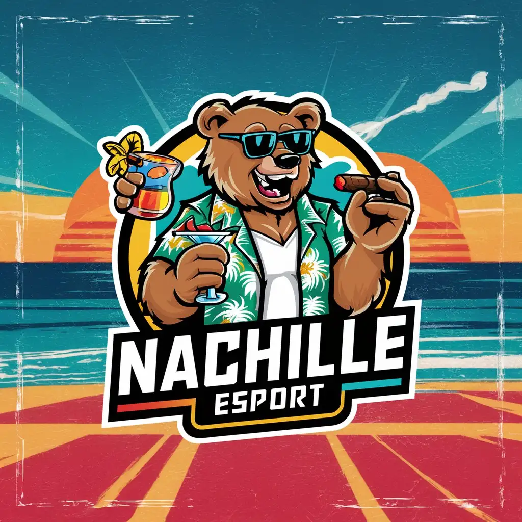 LOGO-Design-For-NACHILLE-Esport-Retro-Wave-Bear-with-Cocktail-and-Sunglasses