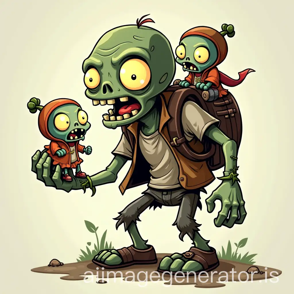 Plants vs Zombies: A giant zombie holds a small zombie in its hand, with another small zombie on its back