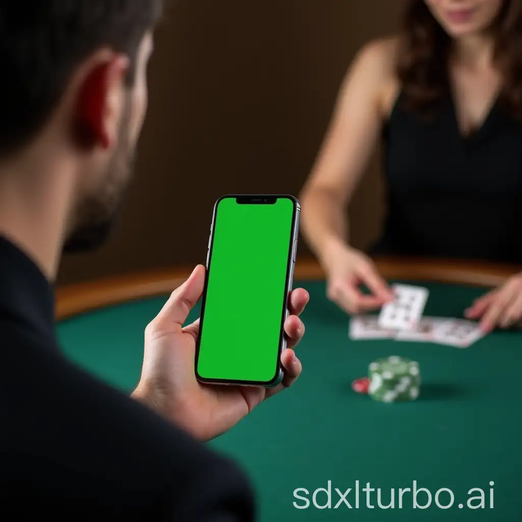 A highly realistic image of an iPhone 16 Pro Max being held in a man's hand as he sits at a poker table. A young female dealer is seen handing out cards to the man. Only the front screen of the phone is visible, showing a green chroma key. The scene is shot with a professional camera, capturing detailed elements like the phone, the hand, the poker table, and the dealer’s actions. The lighting is natural, and the image is free of any artifacts or distractions.