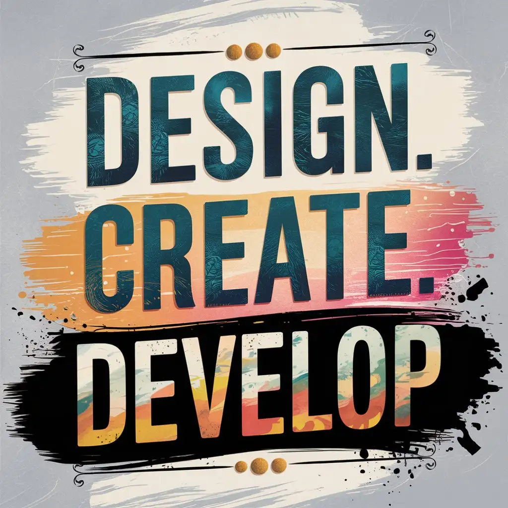 Typography for 'Design.Create.Develop' with an elegant yet grunge style. ‘Design’ and ‘Develop’ are in bold serif letters with metallic blue and teal, featuring rough textures. ‘Create’ is in a script font with a warm, gradient blend of orange, pink, and yellow for a lively touch. The background includes soft brushstrokes, abstract flourishes, and paint splatters, adding movement around the words. Each word is separated by decorative dots in metallic gold, adding elegance to the artistic look.