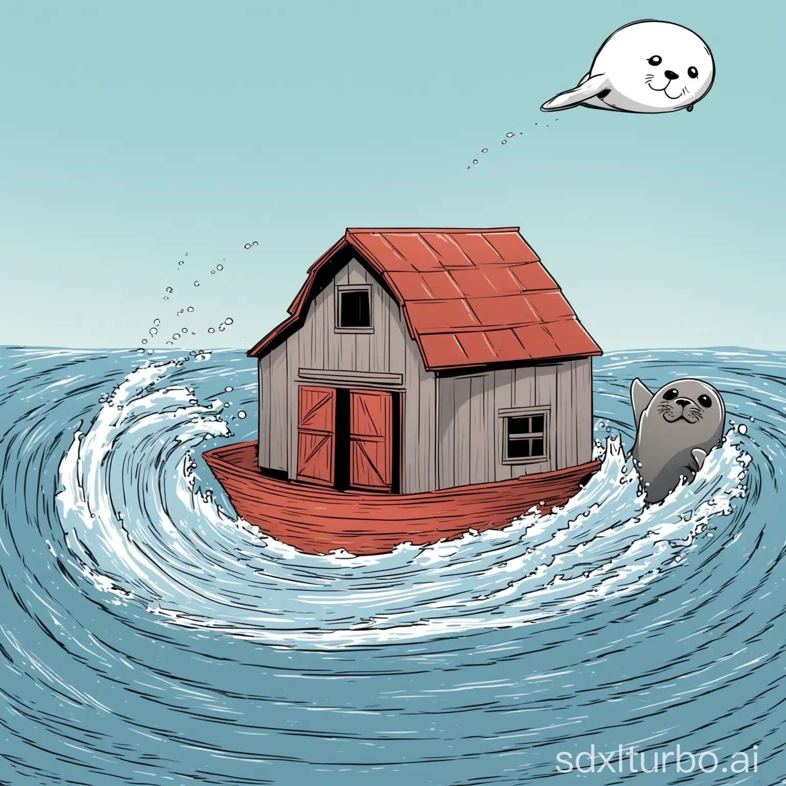 cartoon like, trajectory of a small barn drifting at sea with a seal on its roof