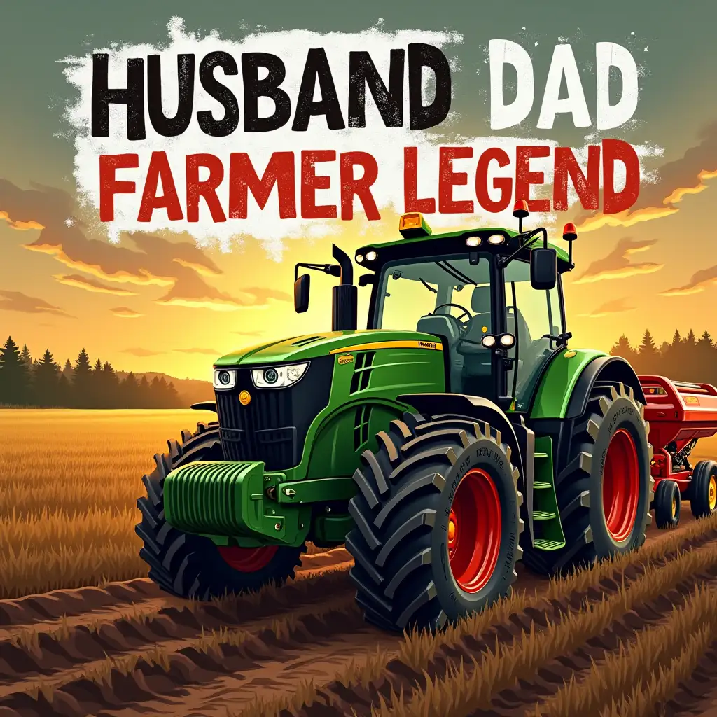 A powerful farming scene featuring a large green tractor with rugged tires, pulling a red and yellow plow through rich soil. The background showcases a warm, golden sunset over a vast open field, with trees lining the horizon. Bold text in distressed typography reads ‘HUSBAND DAD FARMER LEGEND’ with a white paint splatter effect behind it, adding a rustic and hardworking aesthetic. Vector illustration, Oil art