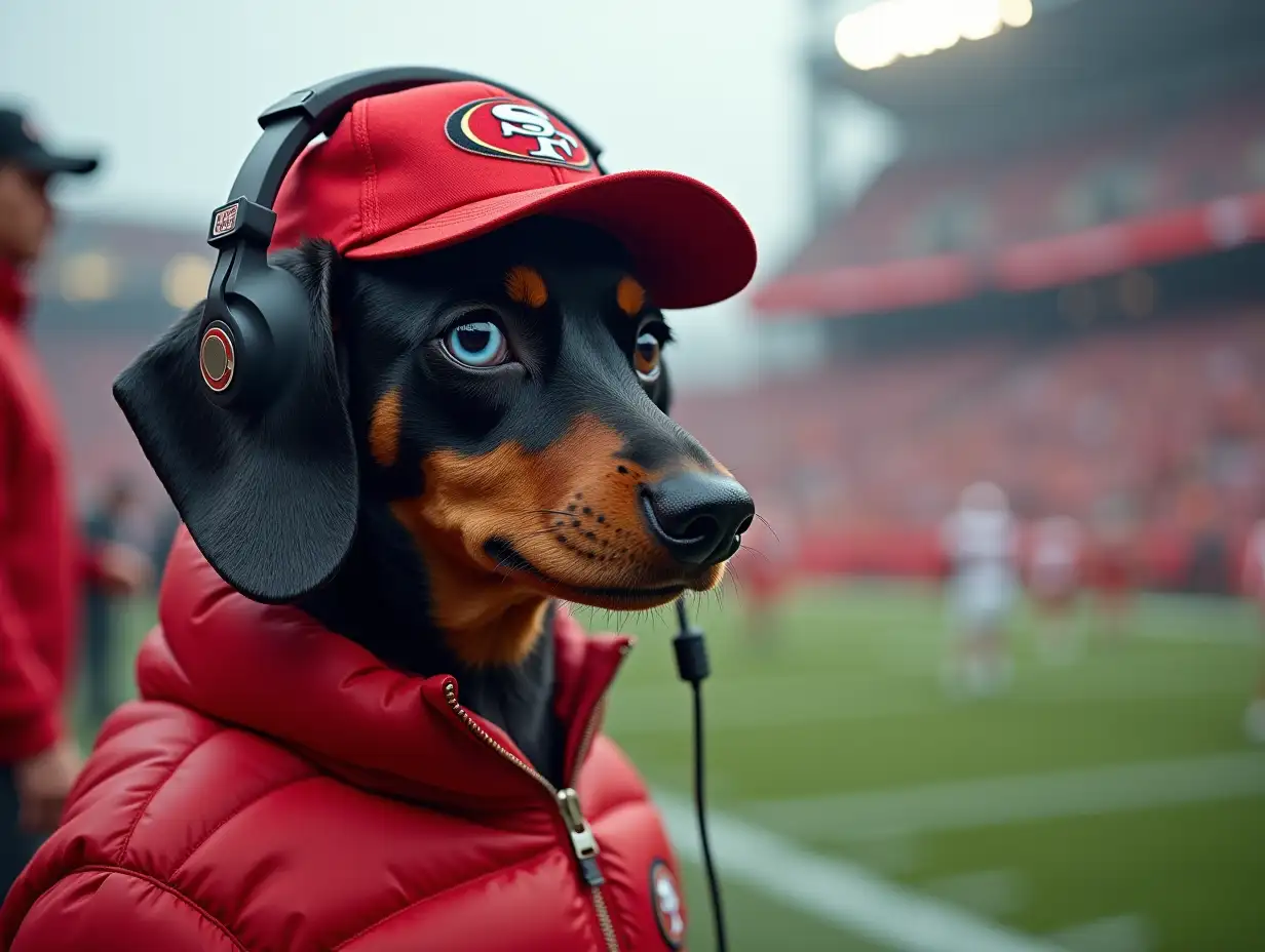 A dachshund dog, he is black, grey with small dappled spots, one eye blue, the other brown, he, the dachsund is the head coach of a football team with red & gold colors like the San Fransisco 49ers. He is standing on the sidelines of a football field during a game and looking at his football team on the football field with red and gold team hat on with an over the ear headset on, He is wearing a team colored , red and gold down jacket, standing on the sideline with players & other coaches standing around against the backdrop of fans in tbe stadium on a rainy day, futuristic style