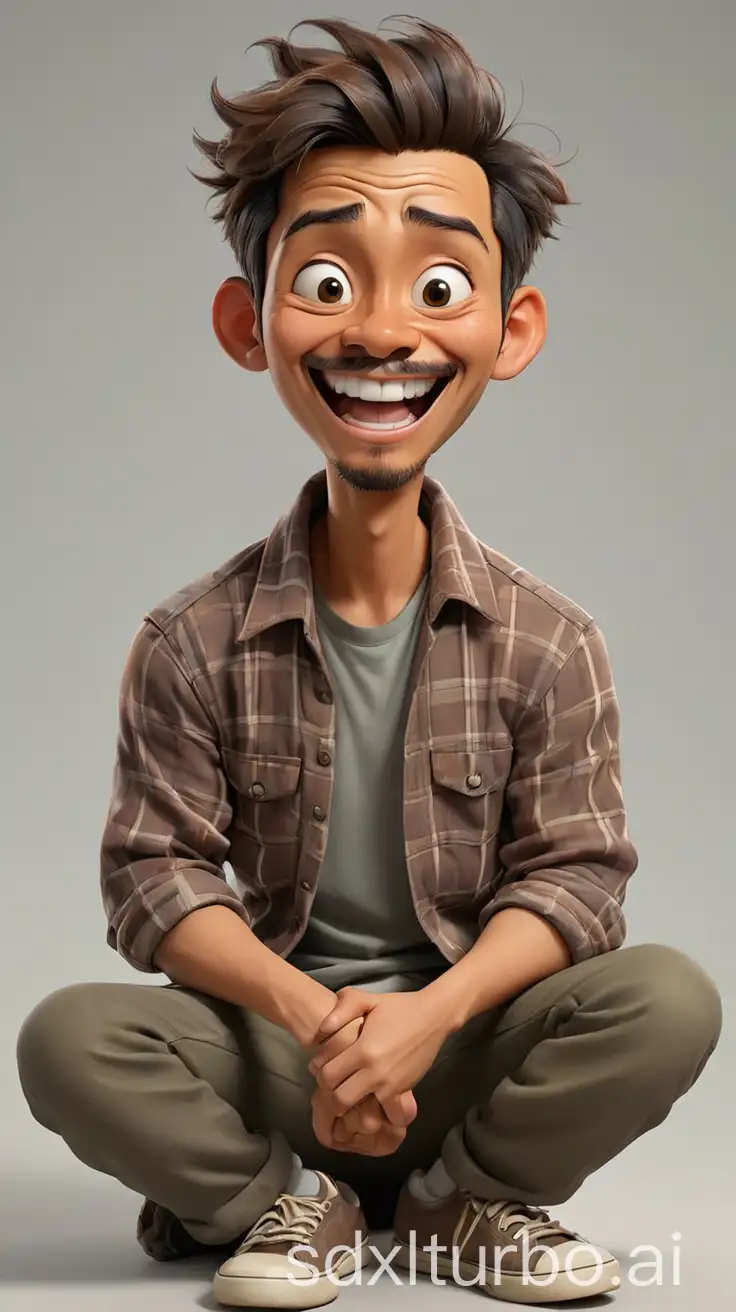 Realistic-Indonesian-Man-Laughing-Sitting-CrossLegged-in-Flannel-Shirt-and-Cargo-Pants