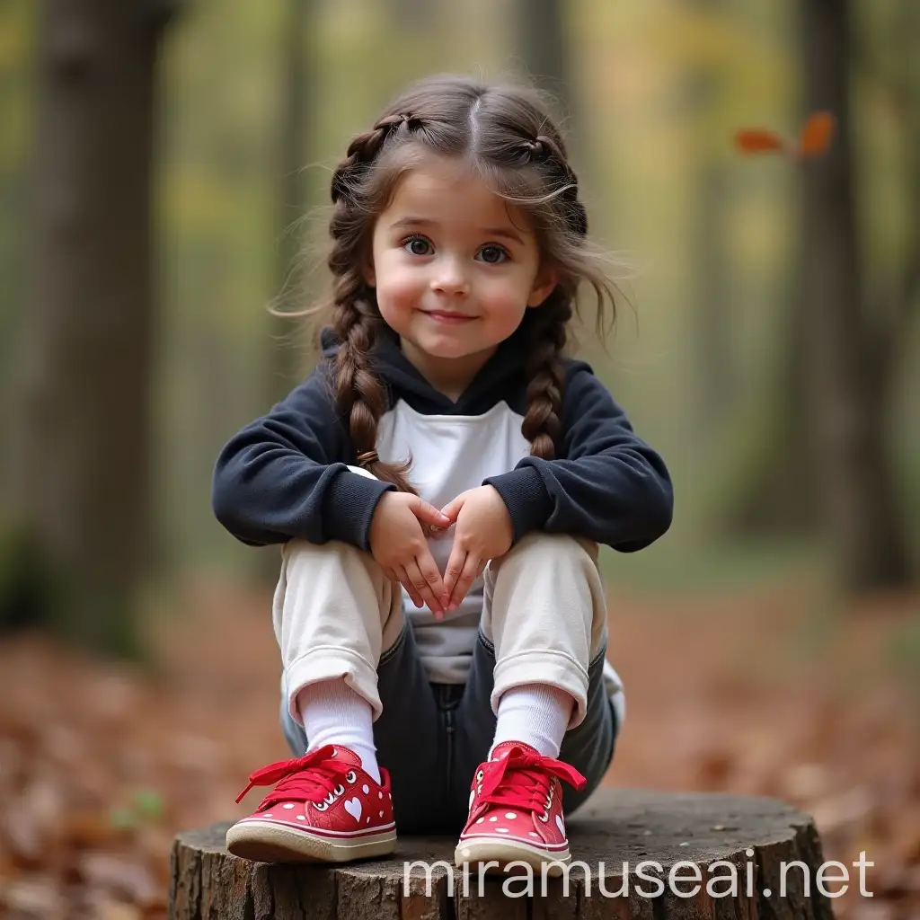 Mischievous Girl in Forest Wearing Heart Patterned Red Sneakers