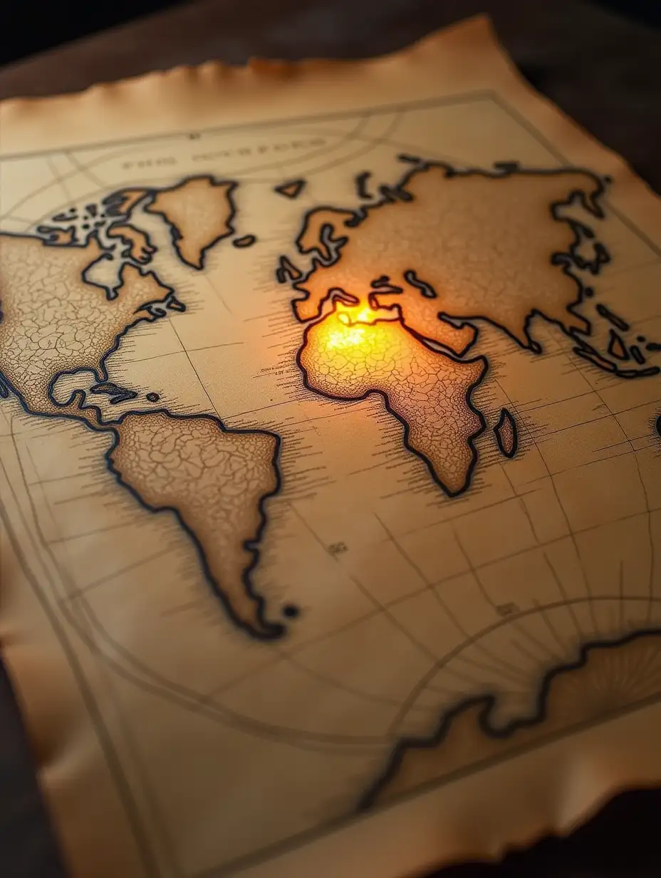 An ancient map with hand-drawn illustrations of the Earth. The camera zooms in on the North and South Poles, highlighting them with glowing effects, as if revealing secret entrances.