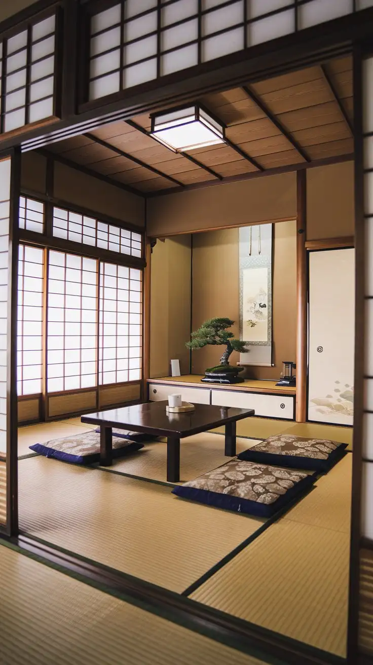 Wide shot, traditional Japanese tatami room, shoji screen windows letting in soft light, low wooden table in the center, zabuton cushions around the table, minimalist tokonoma alcove with a hanging scroll and a bonsai tree, futon neatly rolled and stored in a closet, natural wood tones, serene and uncluttered, wide angle lens, realistic, soft focus --ar 16:9 --zoom 1.5