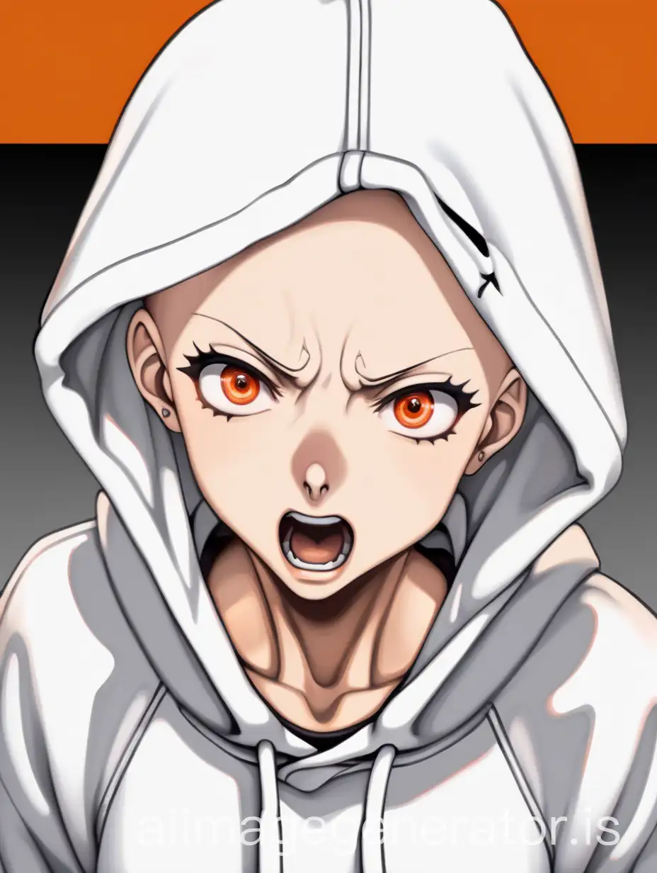 woman, wearing white hoodie, without hair, and orange eyes,  and shock face, anime, realistic, mouth open