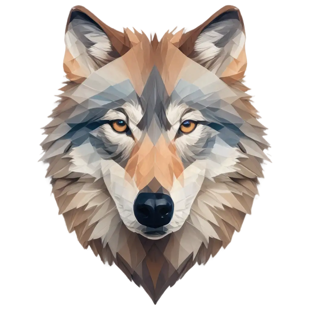 Visualize a wolf's face constructed entirely from geometric shapes and sharp lines. The design features a composition of triangles, polygons, and angles, with a mix of bold and subtle color gradients that create a striking, modern appearance. Each shape aligns meticulously to form the wolf's expressive eyes, prominent snout, and distinct ears, while the use of contrasting colors and gradients adds depth and dimension. How does the geometric abstraction of the wolf's face contribute to its overall impact, and what feelings or themes does this stylized representation evoke?