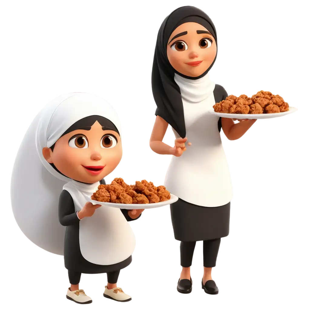 Funny-Animated-Cartoon-PNG-of-Muslim-Women-Enjoying-Fried-Chicken