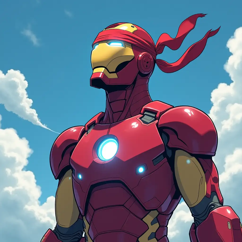 Iron-Man-with-Ninja-Headband-in-Cyberpunk-Anime-Style-Looking-at-the-Sky