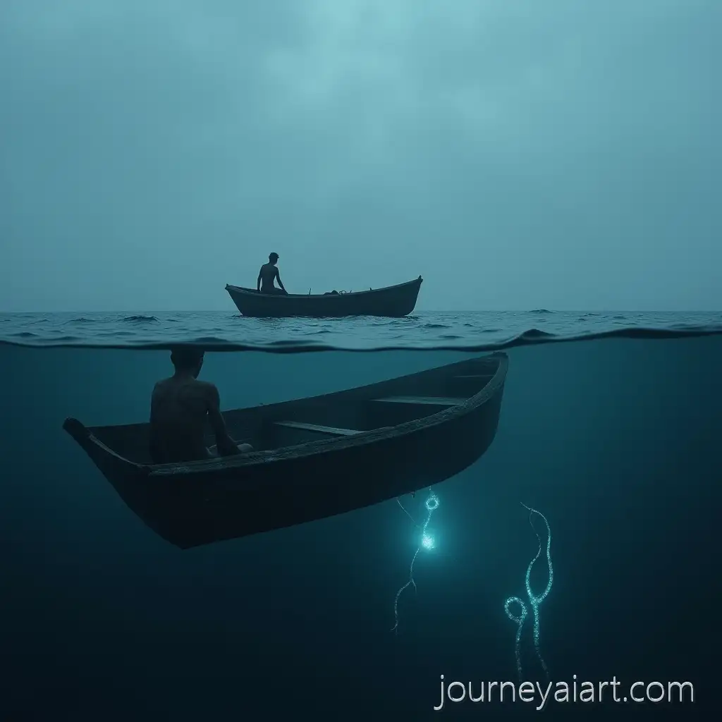 Survivor-Alone-in-a-Lifeboat-on-a-Dark-Foggy-Ocean-with-Bioluminescent-DeepSea-Creatures