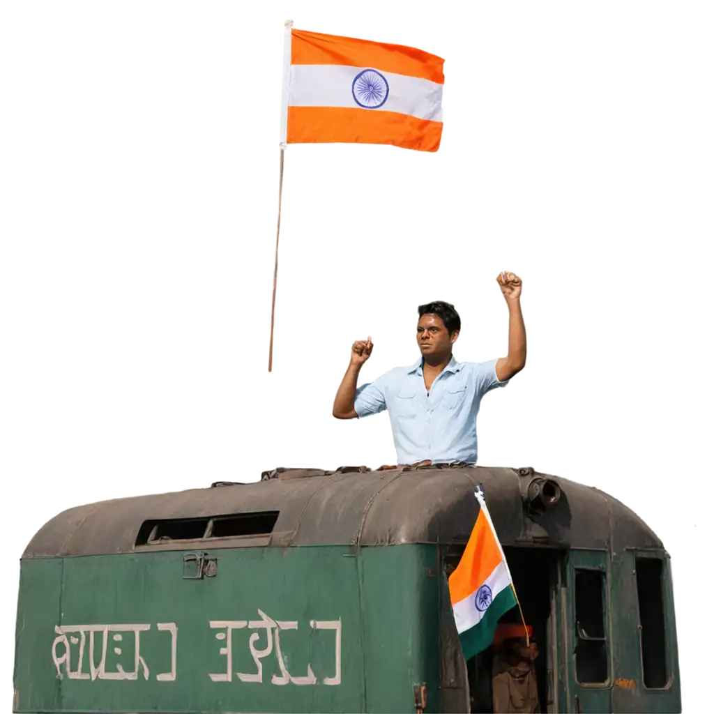 A MAN HOLD INDIAN FLAG ON TOP OF TRAIN