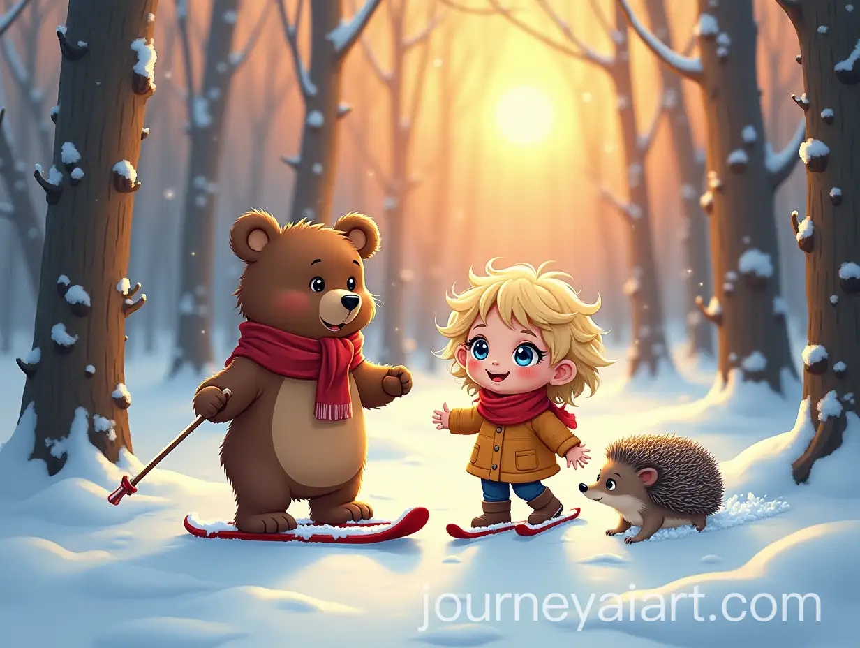 Baby-Bear-Hedgehog-and-Little-Girl-Skiing-in-a-Winter-Wonderland-at-Sunset
