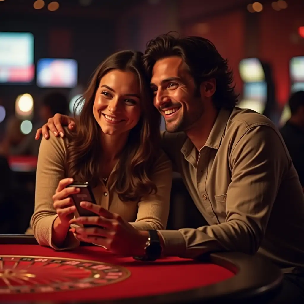 generate happy man and woman with phones in hand, emotions they won the jackpot in the casino, man and woman must be of Pakistani appearance ...