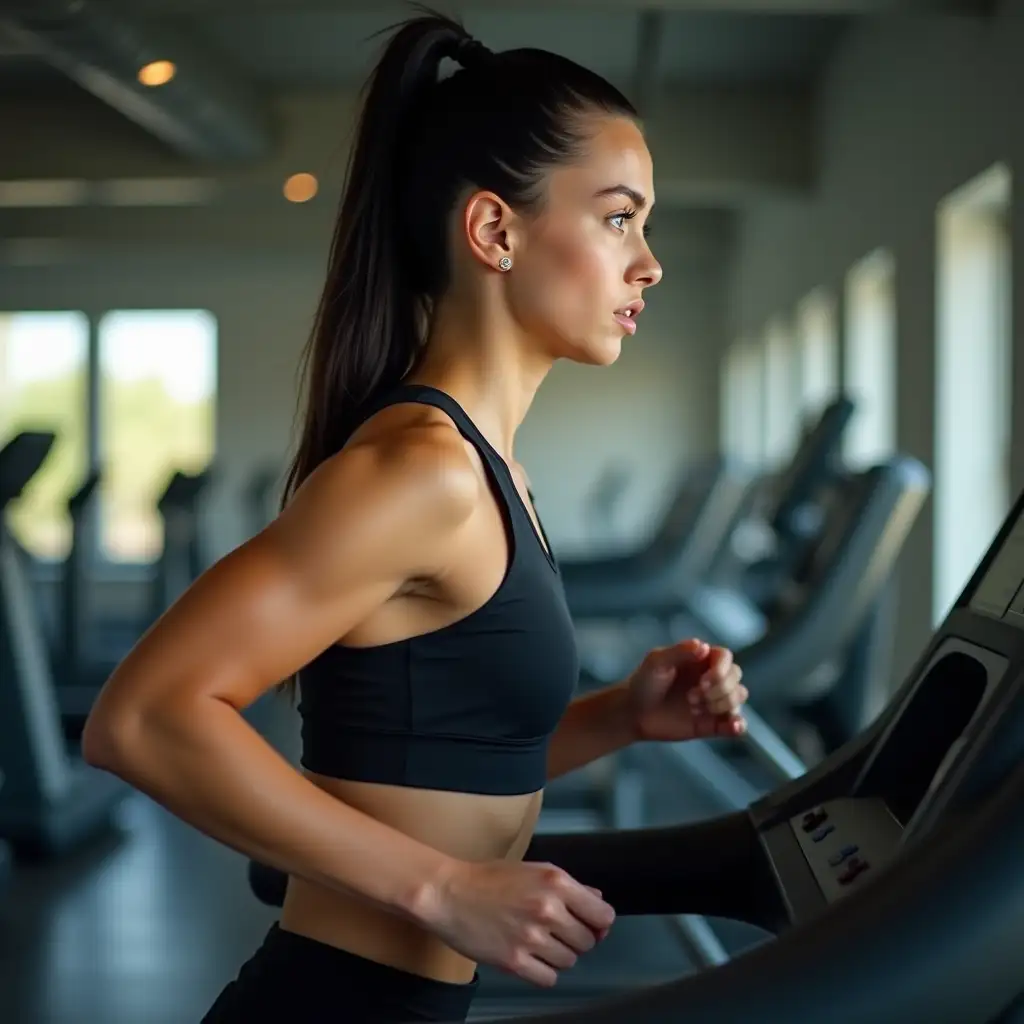 Focused-Young-Russian-Woman-Running-on-Treadmill-in-Modern-Gym