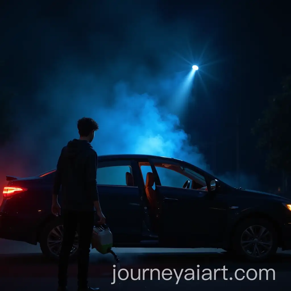 Boy-in-Hoodie-Pouring-Gasoline-by-a-Car-with-Open-Door-and-Blue-Flashlight-Glow