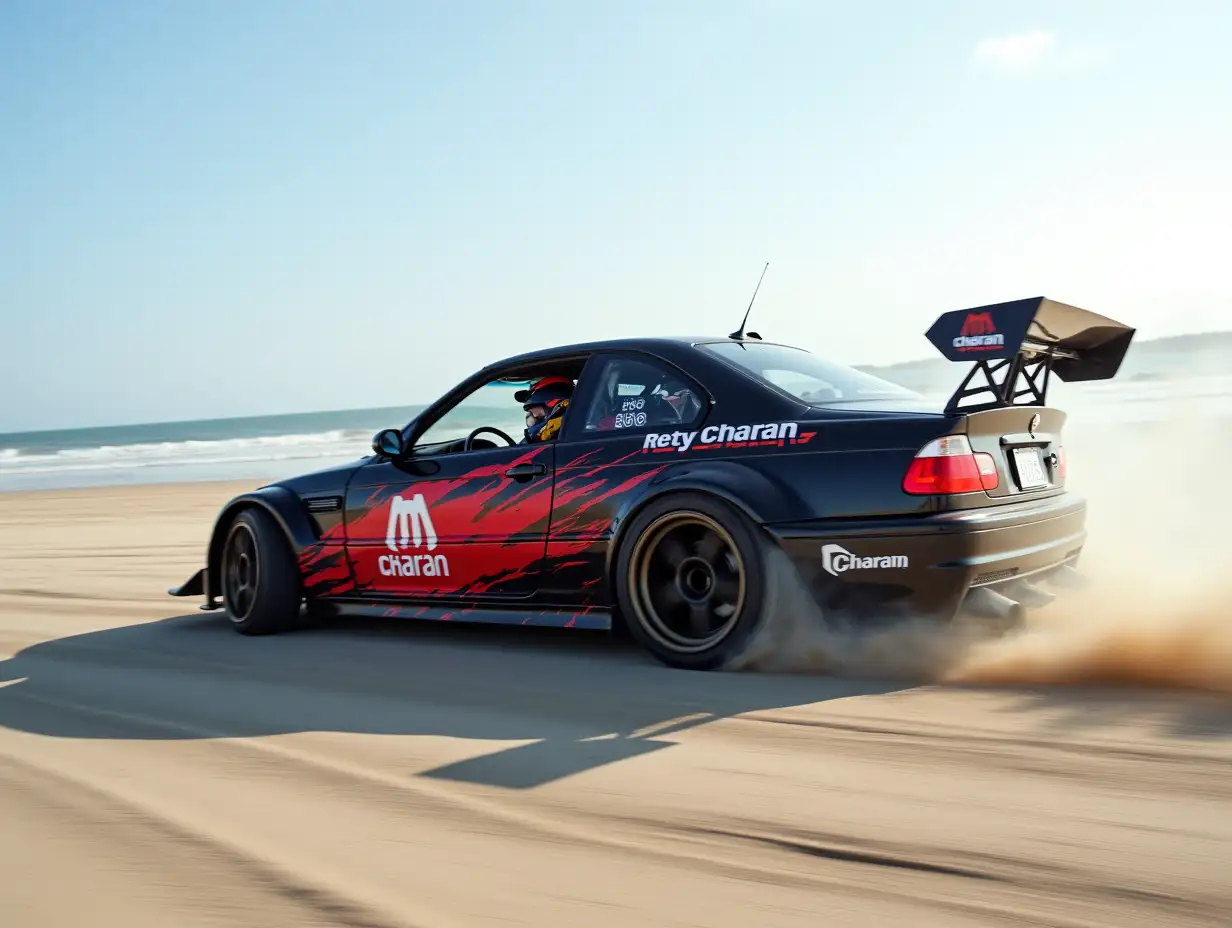 a race car,drifting in beach, shot the pic on the driver side, driver should be waving hand to camera in black car with red design and font of [charan] on car