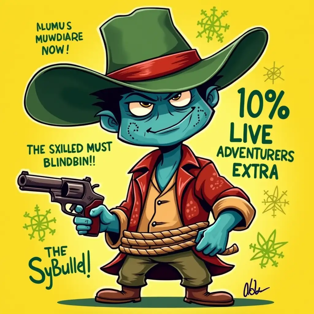 A vibrant digital illustration of a whimsical, tall, badboy cartoon character with a striking blue complexion and a unique stitched mouth that adds an air of mystery. This character is adorned with an oversized, wide-brimmed green hat featuring a bold red stripe and a brown strap, giving him a dark appearance. His expressive eyes with a mischievous look, reinforcing their adventurous atmosphere. Dressed in red and beige patterned shirts, they sport a wide, thick brown rope wrapped around their torsos, contributing to their playful yet rugged look. In their right hand, they confidently brandish a large brown pistol in a caricature style, emphasizing their desire for action. The background bursts with a bright yellow hue, dotted with hand-drawn green text and playful symbols reading 'The Sybilled Must Maneuver Now' and '10% Live Adventurers Extra,' adding a fun narrative layer to the scene . The overall tone of the illustration is lively and enchanting, exuding a feeling of adventure and fantasy. High saturation, flat colors, bold outlines, cartoon style, dynamic composition, playful typography.