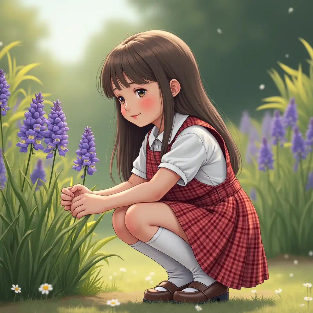 Smiling-Schoolgirl-Crouching-in-a-Garden-of-Violet-Flowers