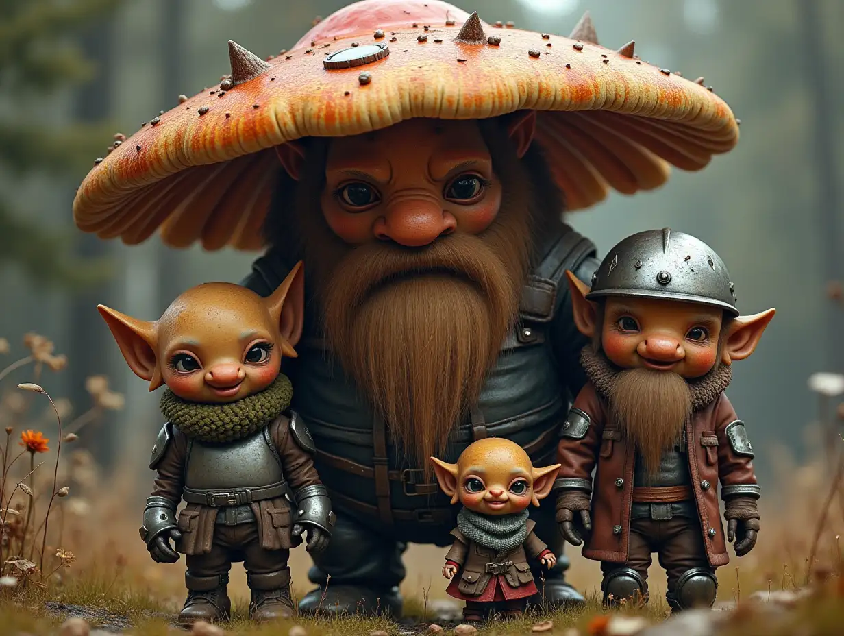 Ki fantasy family,Pilz woman,Pilz man,and Pilz children giant mushroom face with beard and with metal armor equipment