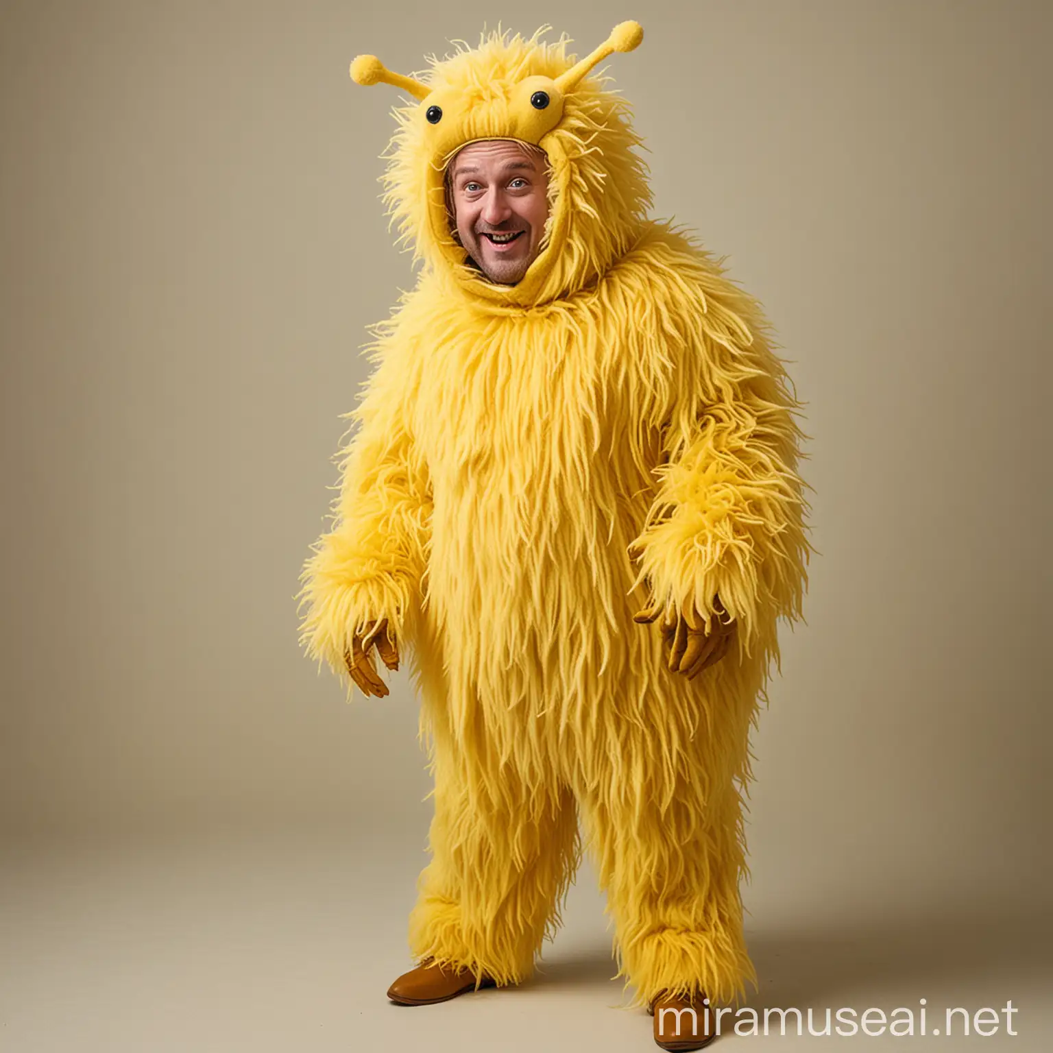 Man in Fuzzy Yellow Mite Costume