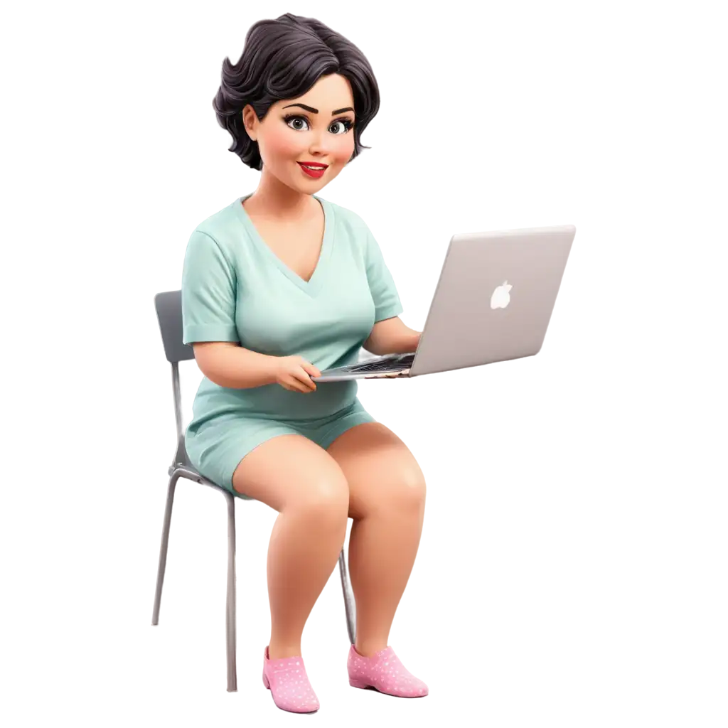 Cartoonized-Chubby-Woman-in-Pajamas-with-Laptop-PNG-Image