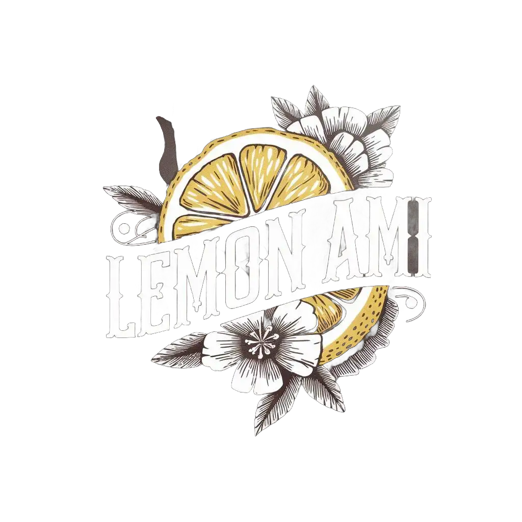 LOGO-Design-for-Lemon-AMI-Vintage-Old-School-Tattoo-Style-with-Monochromatic-Lemons-and-Flowers