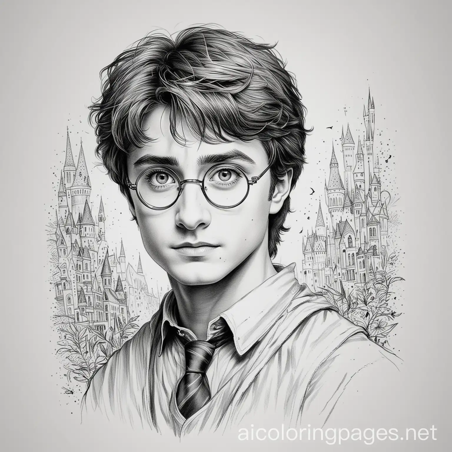 harry potter, Coloring Page, black and white, line art, white background, Simplicity, Ample White Space