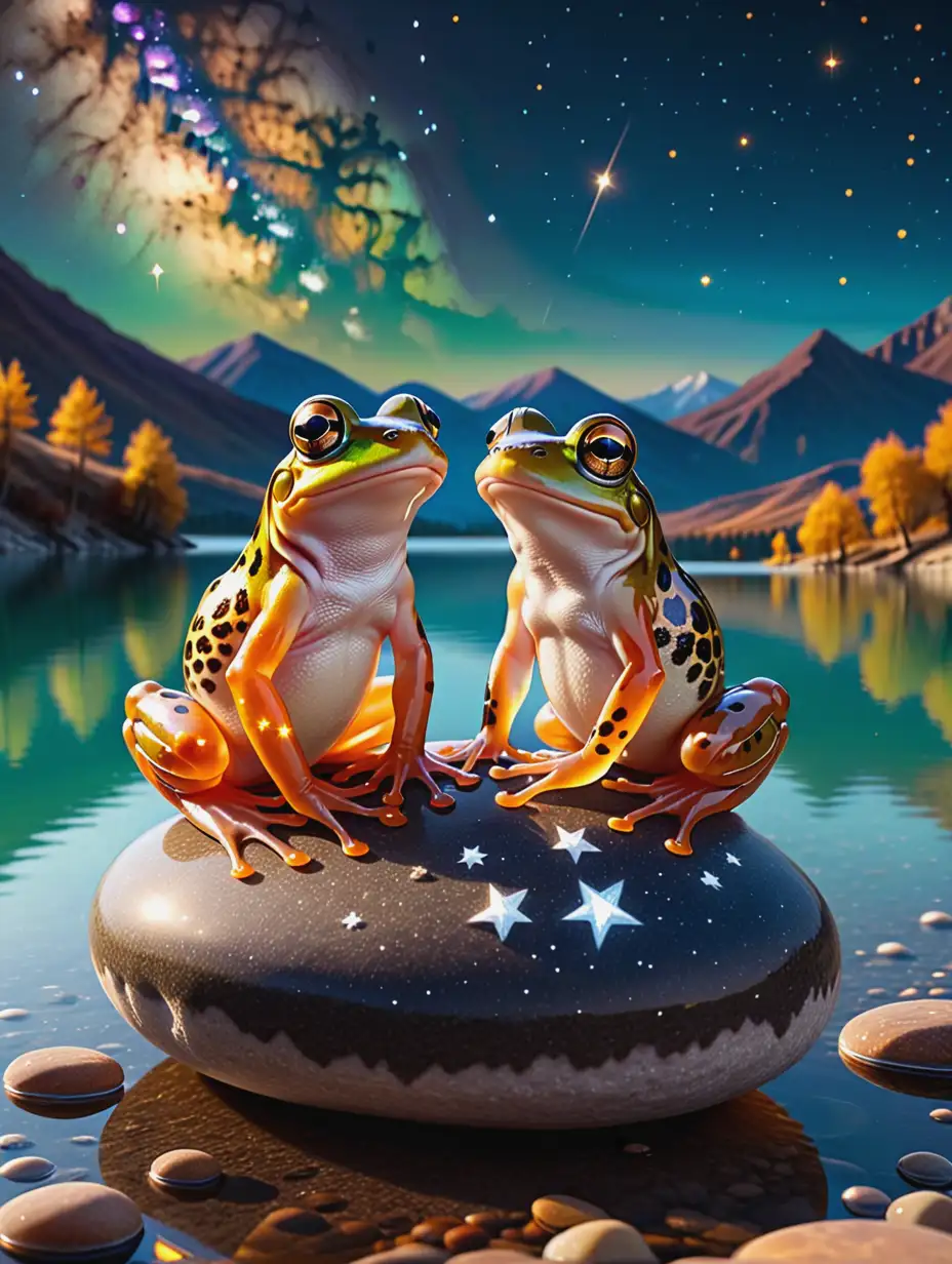 Two-Frogs-on-Amber-Stone-by-the-Lake-Under-Starry-Sky