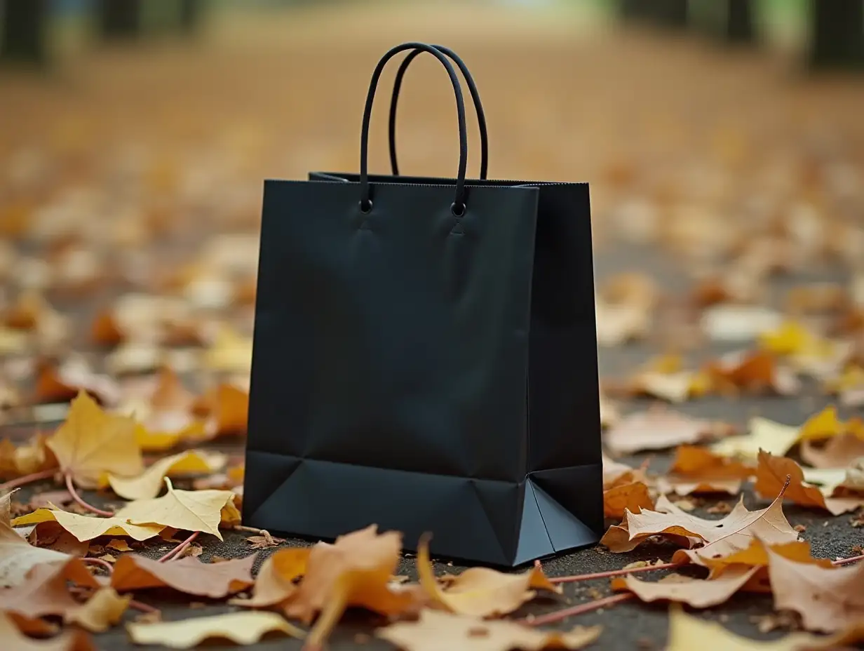 Black-Shopping-Bag-on-Ground-Amid-Fallen-Leaves