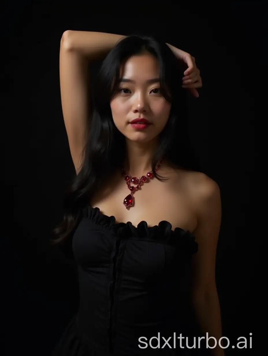 Asian-Woman-in-Black-Dress-with-Red-Diamond-Necklace