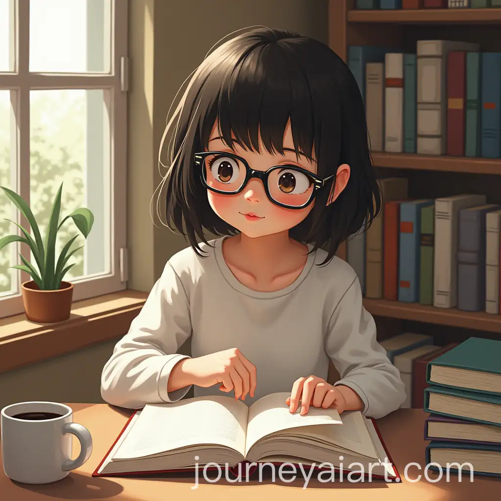 Girl-Reading-Books-with-Coffee-Mug-on-Table