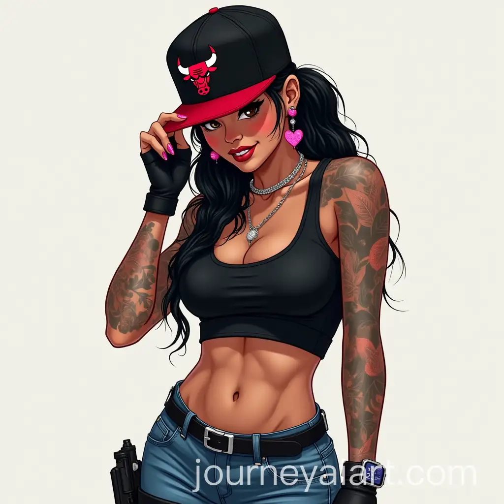 Woman-in-Chicago-Bulls-Snapback-and-Stylish-Outfit-with-a-Gun-and-Tattoos