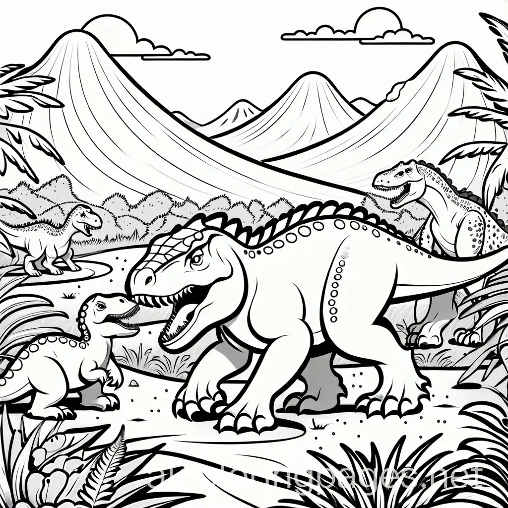 Boy-Playing-with-Dinosaurs-in-a-Prehistoric-World-Coloring-Page