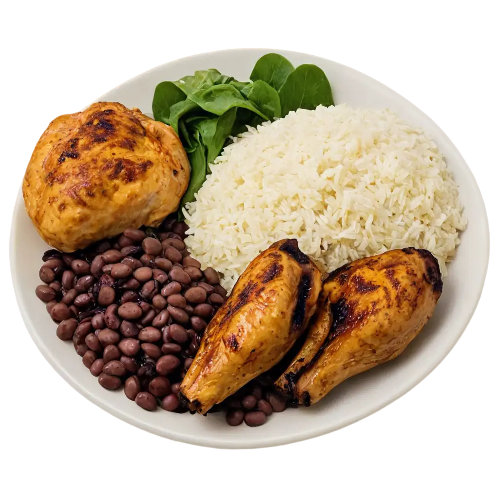 Delicious-Plate-of-Rice-Beans-Roasted-Chicken-and-Salad-PNG-Image