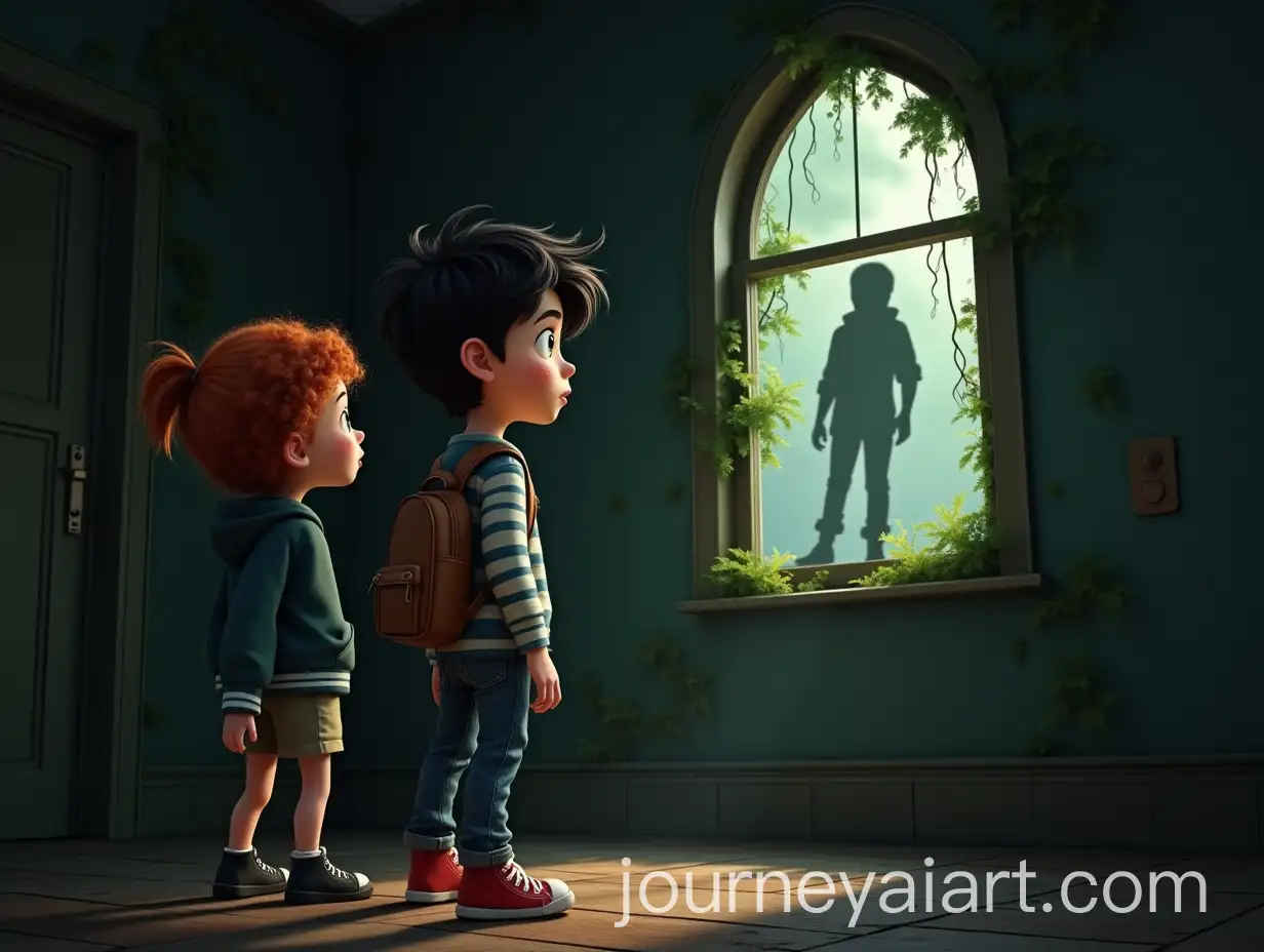 Curious-Children-Exploring-Abandoned-Mansion-with-Shadowy-Figure-in-Window