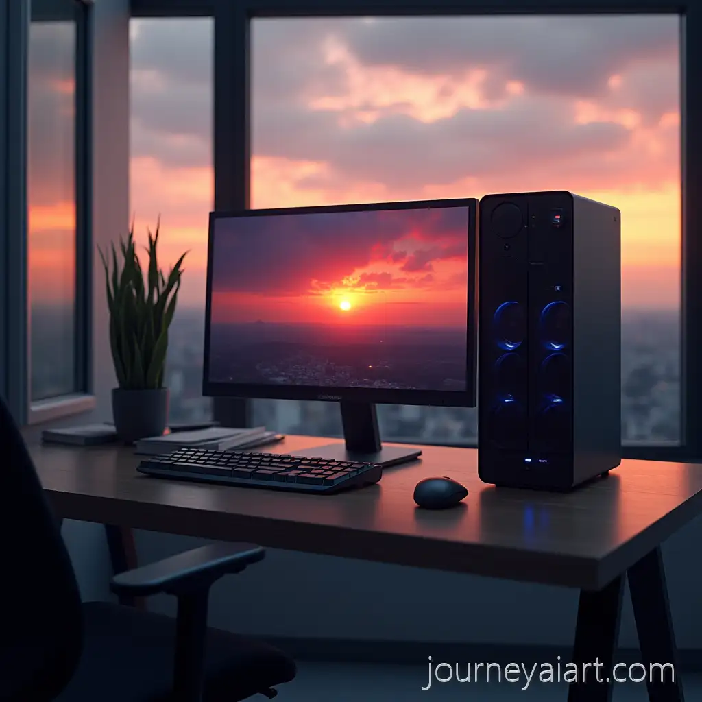 AI-Image-Prompt-ExpansionModern-Office-Desk-with-Sunset-View-and-Hyperrealistic-Monitor-Setup