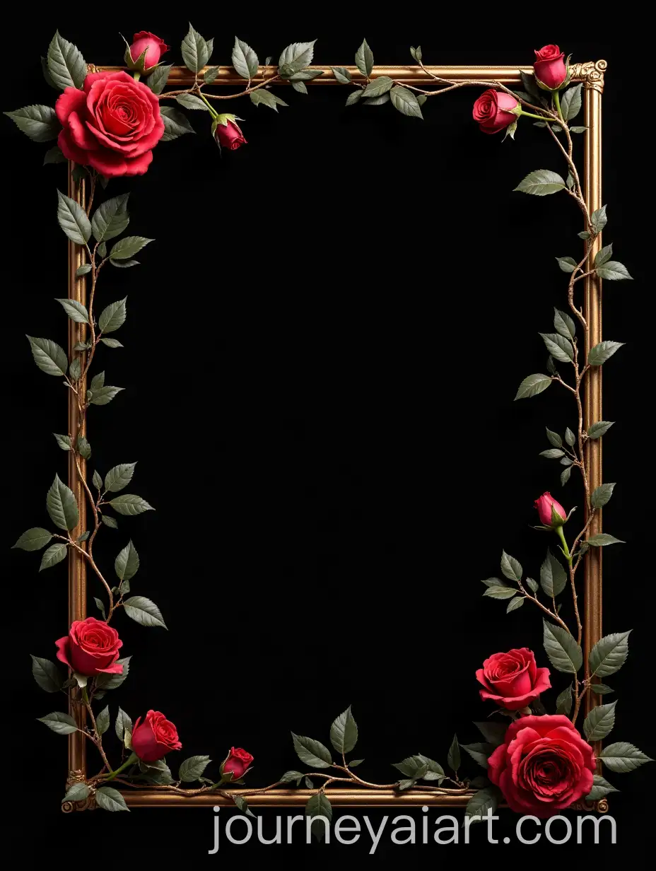 Gothic-Rose-Vine-Artwork-Framed-in-Gold-on-Black-Background