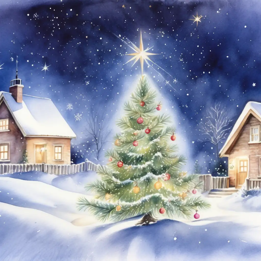 Christmas Magic Watercolor Painting with Snow and Stars