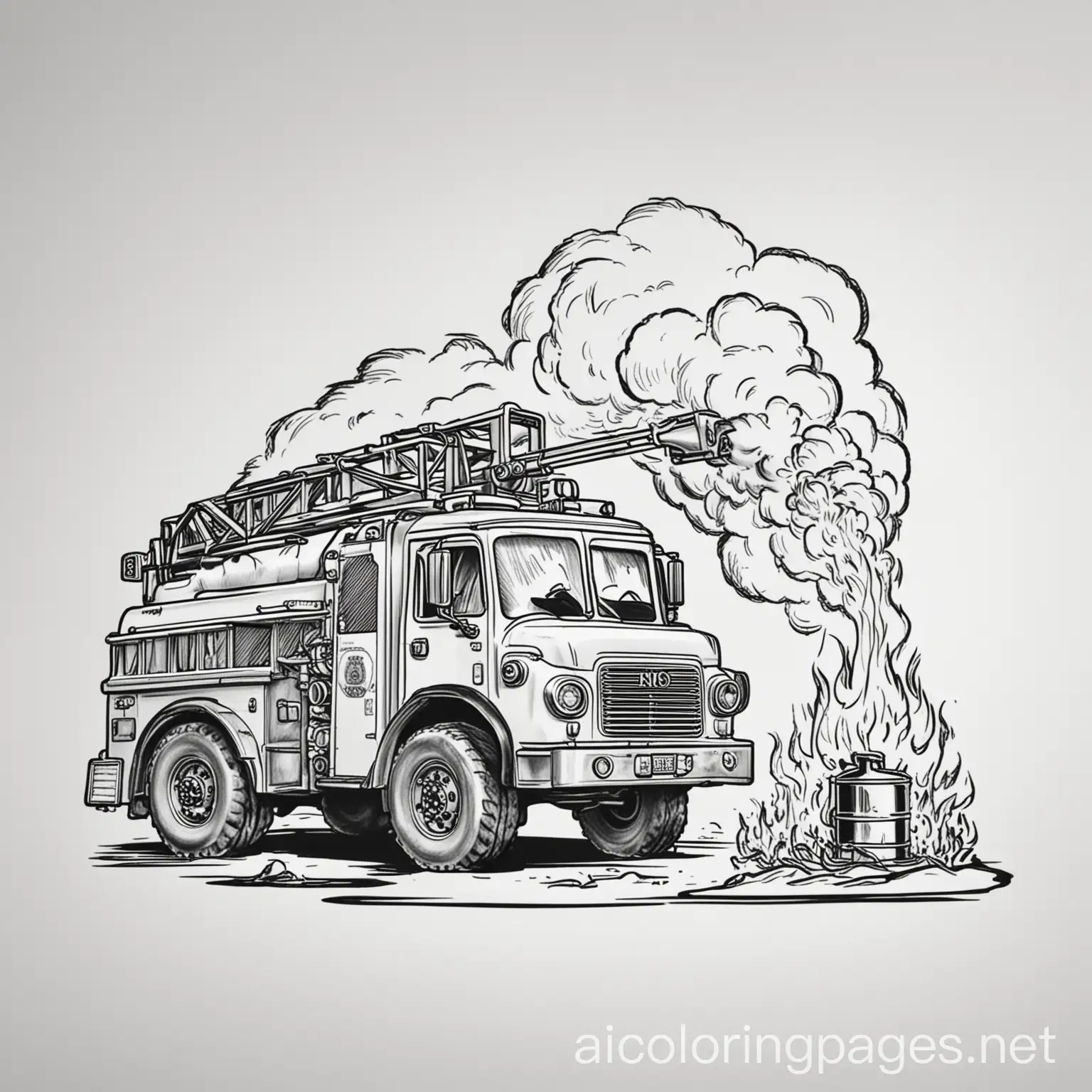 Oil can on fire with a fire truck next to it, Coloring Page, black and white, line art, white background, Simplicity, Ample White Space. The background of the coloring page is plain white to make it easy for young children to color within the lines. The outlines of all the subjects are easy to distinguish, making it simple for kids to color without too much difficulty