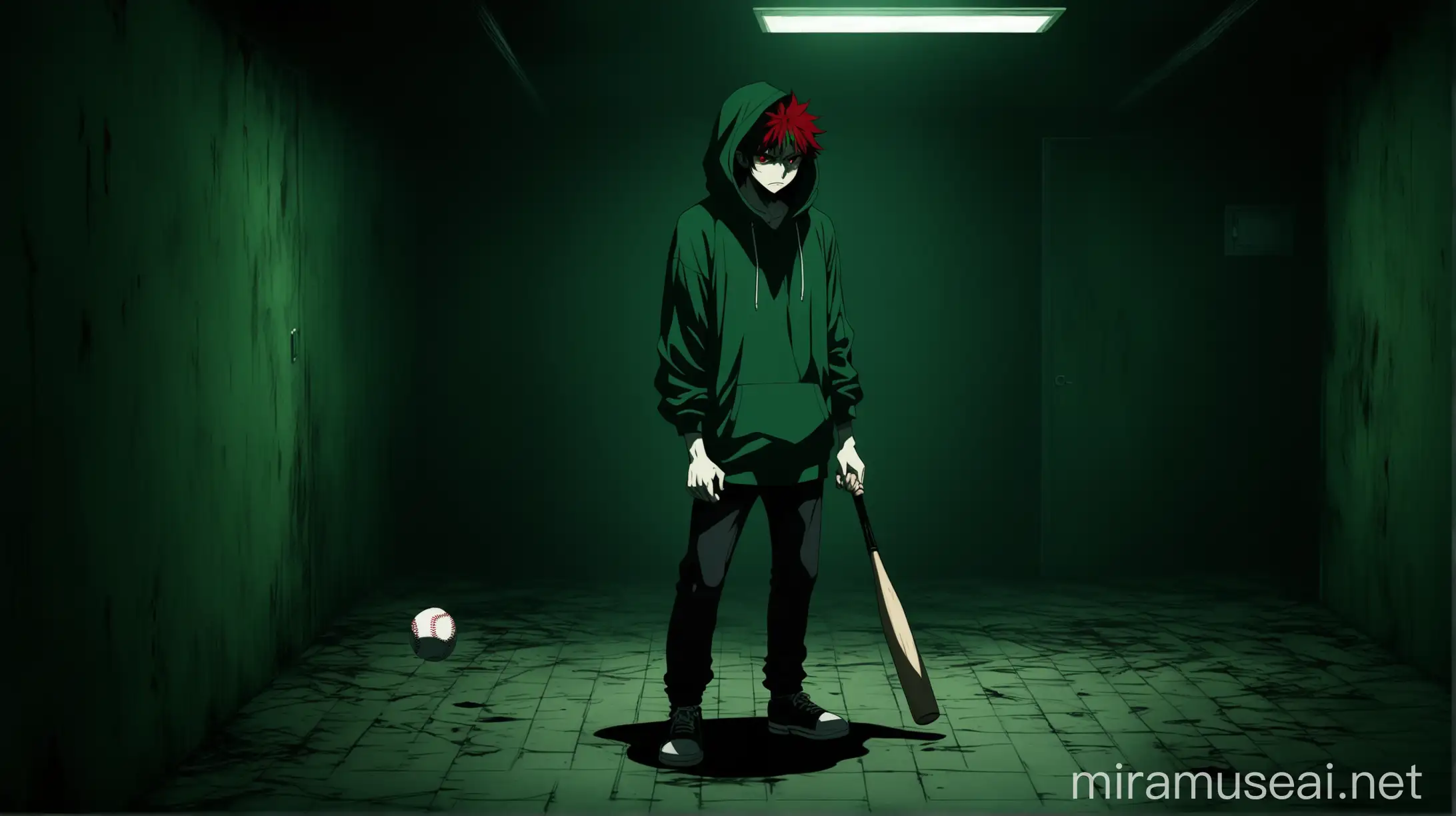 Anime Male Character Holding Baseball Bat in Underground Secret Room