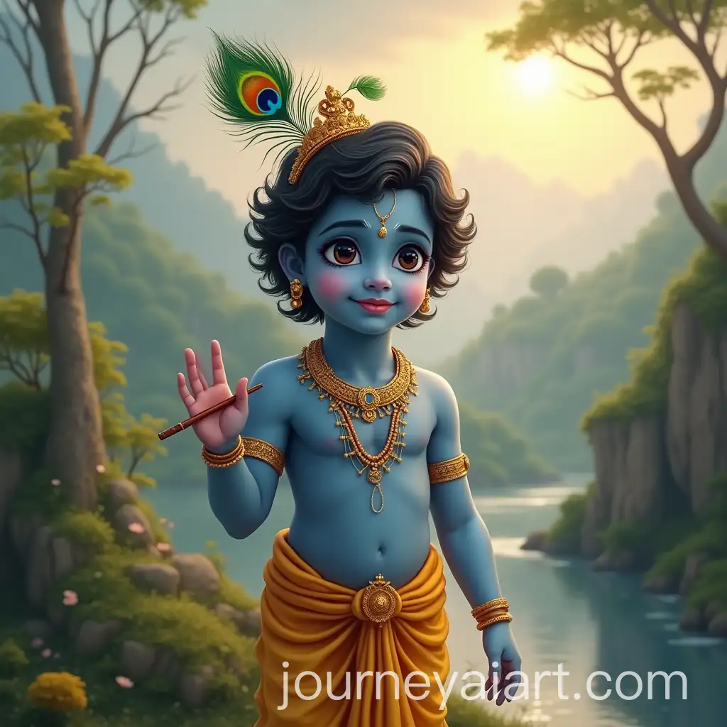Lord-Krishna-in-a-Serene-Divine-Setting-with-Flute-and-Blessing-Gesture