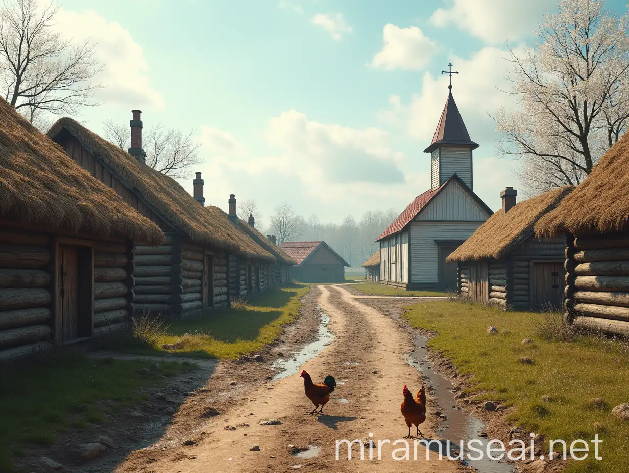 Late 18th Century Russian Village Scene with Wooden Huts and Church in Spring